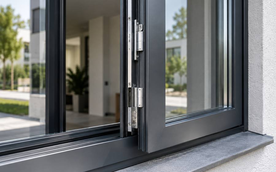 Fensterbeschlag an einer bodentiefen Aluminium-Fenstertür im Detail
