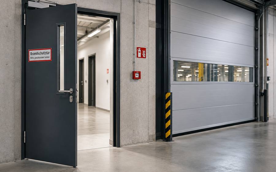 Stahl-Brandschutztür neben einem Industrietor in einem Gewerbegebäude