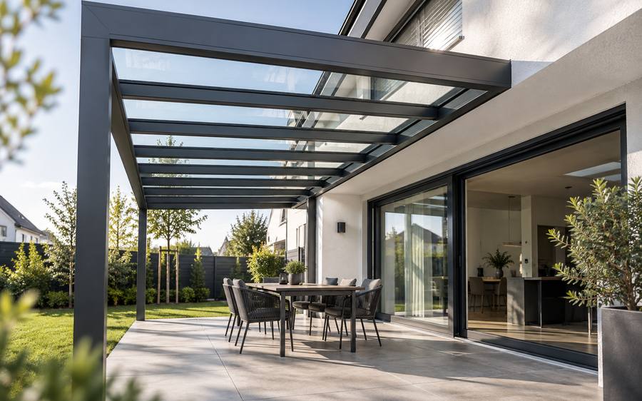 Terrassenüberdachung aus Glas mit Aluminiumrahmen an einer modernen Terrasse